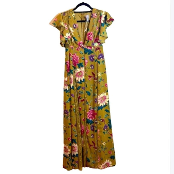 ASOS DESIGN Petite maxi dress with lace godets in mustard floral print size 4P - Picture 4 of 9